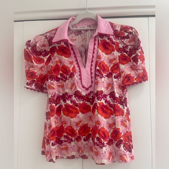 entro Tops - ENTRO Floral Puff Sleeve Blouse / Pink and Red/ Size M